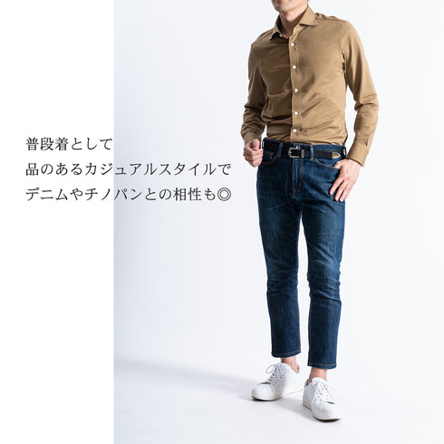 【日本製】 ワイシャツ メンズ 長袖 ビジネス 吸水速乾 ノーアイロン サッカー生地 無地 ワイドカラー クールマックス ネイビー(SNKN23-041-na)