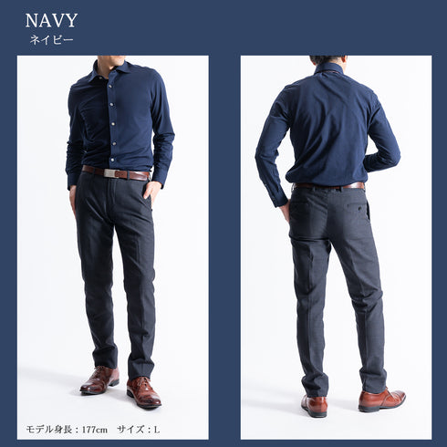 【日本製】 ワイシャツ メンズ 長袖 ビジネス 吸水速乾 ノーアイロン サッカー生地 無地 ワイドカラー クールマックス ネイビー(SNKN23-041-na)