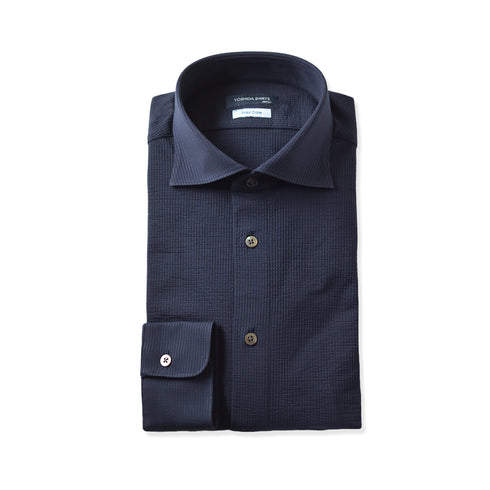 【日本製】 ワイシャツ メンズ 長袖 ビジネス 吸水速乾 ノーアイロン サッカー生地 無地 ワイドカラー クールマックス ネイビー(SNKN23-041-na)