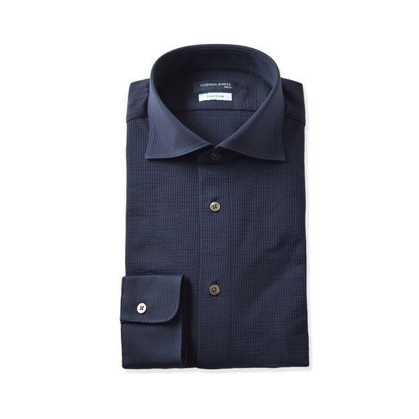 【日本製】 ワイシャツ メンズ 長袖 ビジネス 吸水速乾 ノーアイロン サッカー生地 無地 ワイドカラー クールマックス ネイビー(SNKN23-041-na)