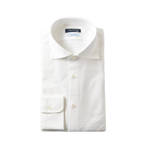 【日本製】 ワイシャツ メンズ 長袖 ビジネス 吸水速乾 ノーアイロン サッカー生地 無地 ワイドカラー クールマックス ホワイト(SNKN23-041-wh)