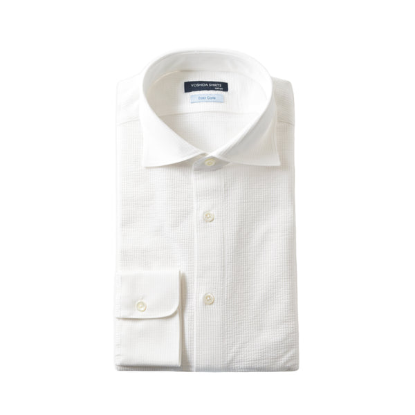 【日本製】 ワイシャツ メンズ 長袖 ビジネス 吸水速乾 ノーアイロン サッカー生地 無地 ワイドカラー クールマックス ホワイト(SNKN23-041-wh)