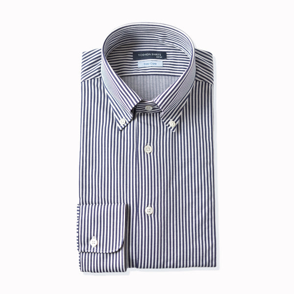 【日本製】 ワイシャツ メンズ 長袖 ビジネス イージーケア ノーアイロン ボタンダウン ロンドンストライプ ネイビー(SNKN23-042-na)