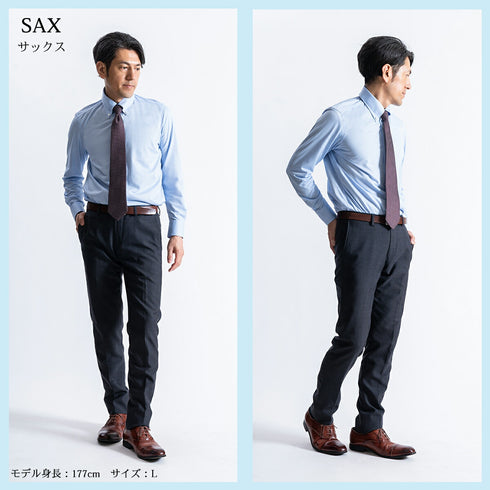 【日本製】 ワイシャツ メンズ 長袖 ビジネス 鹿の子 吸水速乾 ノーアイロン 無地 ボタンダウン クールマックス イージーフォーマルシャツ サックス(SNKN23-043-sa)