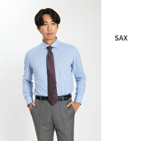 【日本製】ワイシャツ メンズ 長袖 ビジネス 吸水速乾 イージーケア 無地 ワイドカラー ハニカムメッシュ ネイビー(SNKN24-068-na)