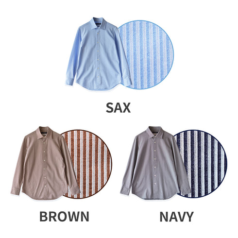 【日本製】ワイシャツ メンズ 長袖 ビジネス カジュアル イージーケア ノーアイロン セミワイドカラー ロンドンストライプ アルビニコットン ブラウン(SNKN24-078-br)