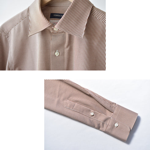 【日本製】ワイシャツ メンズ 長袖 ビジネス カジュアル イージーケア ノーアイロン セミワイドカラー ロンドンストライプ アルビニコットン ブラウン(SNKN24-078-br)
