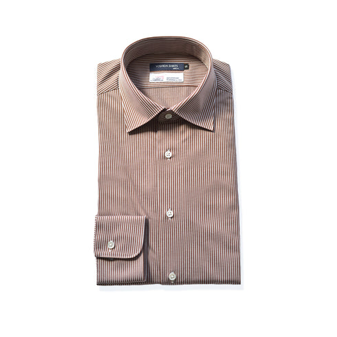 【日本製】ワイシャツ メンズ 長袖 ビジネス カジュアル イージーケア ノーアイロン セミワイドカラー ロンドンストライプ アルビニコットン ブラウン(SNKN24-078-br)