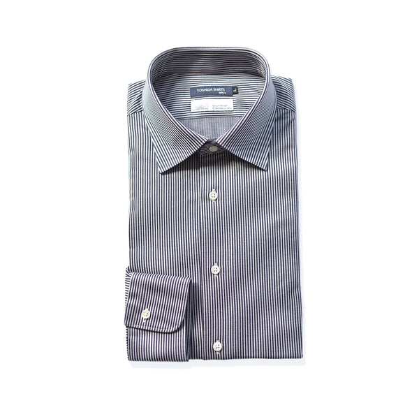 【日本製】ワイシャツ メンズ 長袖 ビジネス カジュアル イージーケア ノーアイロン セミワイドカラー ロンドンストライプ アルビニコットン ネイビー(SNKN24-078-na)