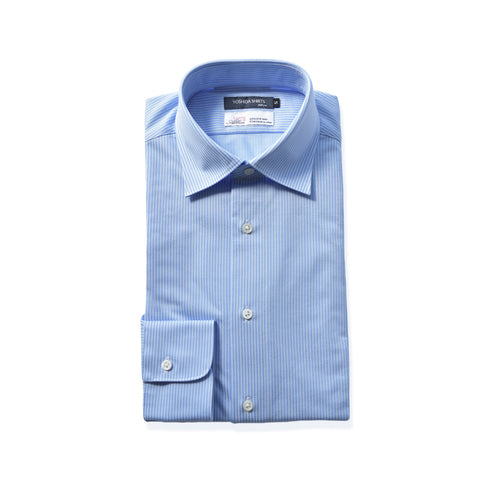 【日本製】ワイシャツ メンズ 長袖 ビジネス カジュアル イージーケア ノーアイロン セミワイドカラー ロンドンストライプ アルビニコットン サックス(SNKN24-078-sa)