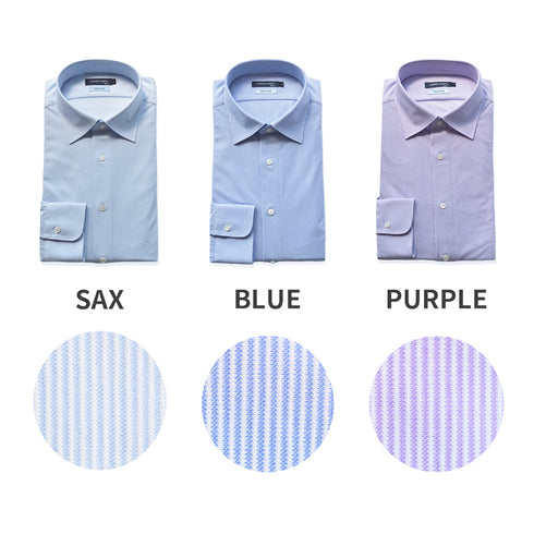 【日本製】ワイシャツ メンズ 長袖 ビジネス カジュアル イージーケア ノーアイロン セミワイドカラー 細ストライプ サックス(SNKN24-079-sa)