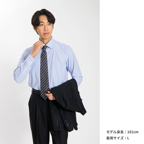 【日本製】ワイシャツ メンズ 長袖 ビジネス カジュアル イージーケア ノーアイロン セミワイドカラー 細ストライプ サックス(SNKN24-079-sa)