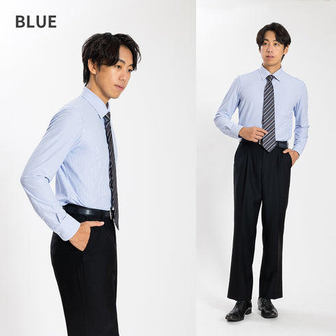 【日本製】ワイシャツ メンズ 長袖 ビジネス カジュアル イージーケア ノーアイロン セミワイドカラー 細ストライプ サックス(SNKN24-079-sa)