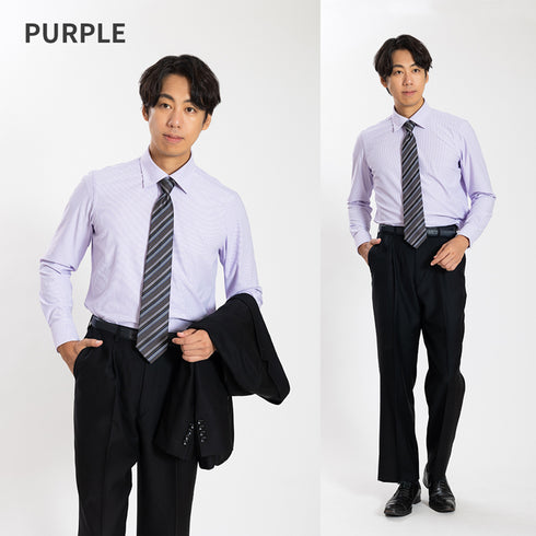 【日本製】ワイシャツ メンズ 長袖 ビジネス カジュアル イージーケア ノーアイロン セミワイドカラー 細ストライプ サックス(SNKN24-079-sa)