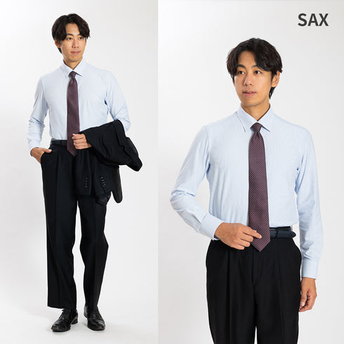 【日本製】ワイシャツ メンズ 長袖 ビジネス カジュアル イージーケア ノーアイロン セミワイドカラー 細ストライプ サックス(SNKN24-079-sa)