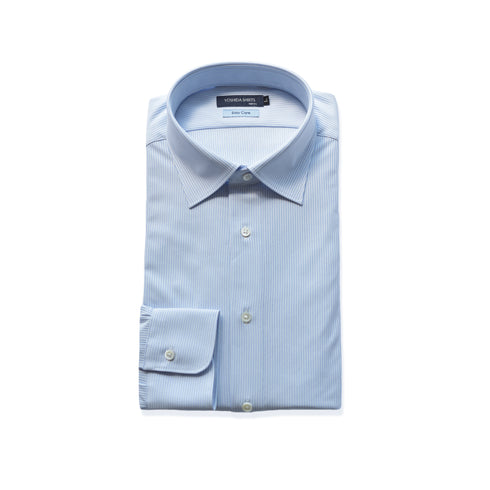 【日本製】ワイシャツ メンズ 長袖 ビジネス カジュアル イージーケア ノーアイロン セミワイドカラー 細ストライプ サックス(SNKN24-079-sa)