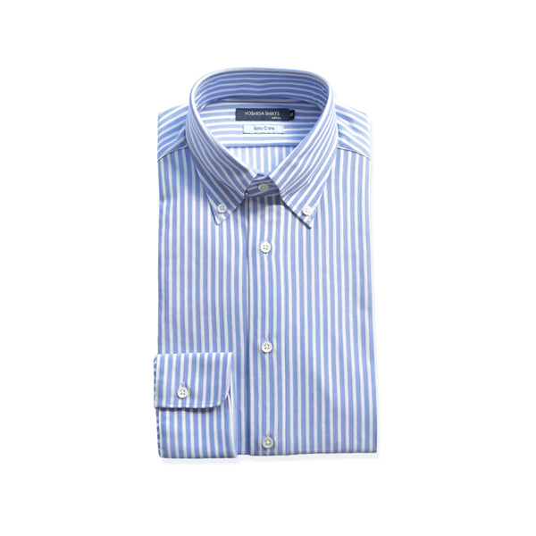 【日本製】ワイシャツ メンズ 長袖 ビジネス カジュアル イージーケア ノーアイロン ストライプ ボタンダウン ブルー(SNKN24-080-bl)