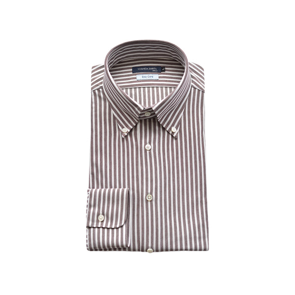 【日本製】ワイシャツ メンズ 長袖 ビジネス カジュアル イージーケア ノーアイロン ストライプ ボタンダウン ブラウン(SNKN24-080-br)