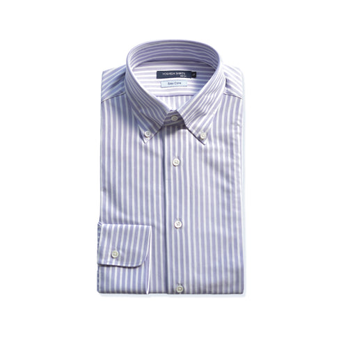 【日本製】ワイシャツ メンズ 長袖 ビジネス カジュアル イージーケア ノーアイロン ストライプ ボタンダウン パープル(SNKN24-080-pu)
