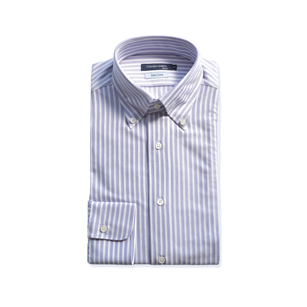 【日本製】ワイシャツ メンズ 長袖 ビジネス カジュアル イージーケア ノーアイロン ストライプ ボタンダウン パープル(SNKN24-080-pu)