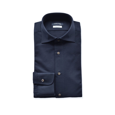 【日本製】 ワイシャツ メンズ ビジネス 長袖 鹿の子 吸水速乾 ストレッチ ノーアイロン 無地 ワイドカラー ネイビー(SNKN24-082-na)