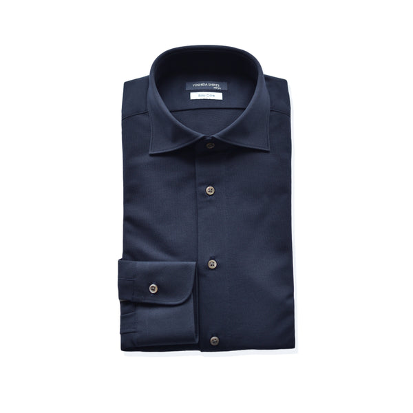 【日本製】 ワイシャツ メンズ ビジネス 長袖 鹿の子 吸水速乾 ストレッチ ノーアイロン 無地 ワイドカラー ネイビー(SNKN24-082-na)
