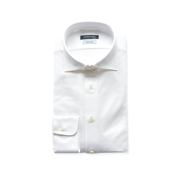【日本製】 ワイシャツ メンズ ビジネス 長袖 鹿の子 吸水速乾 ストレッチ ノーアイロン 無地 ワイドカラー ホワイト(SNKN24-082-wh)