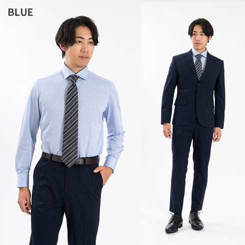 【日本製】 ビジネス ワイシャツ 長袖 メンズ 形態安定 ノンアイロン 綿100% ピケストライプ イージーフォーマルシャツ サックス(SNKN25-099-sa)