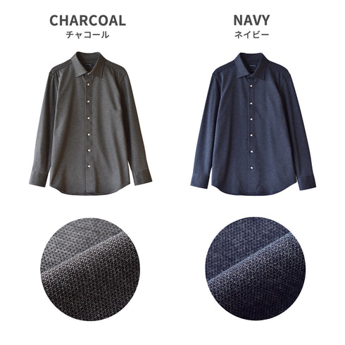 【日本製】長袖 シャツ メンズ 暖かい 保温 発熱 柔らかい ニットシャツ セミワイドカラー ネイビー(SNKN25-109-na)