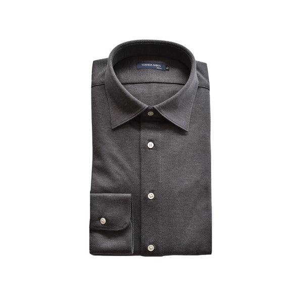 【日本製】長袖 シャツ メンズ 暖かい 保温 発熱 柔らかい ニットシャツ セミワイドカラー チャコール(SNKN25-109-ch)