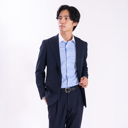 【日本製】 ワイシャツ クレリックシャツ メンズ ビジネス 長袖 イージーケア ノーアイロン ストライプ ワイドカラー サックス(snkn26-129-sa)