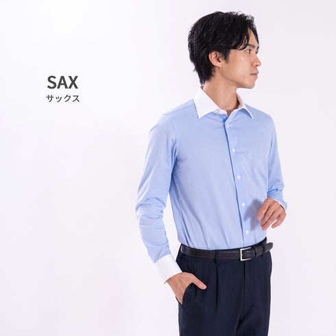 【日本製】 ワイシャツ クレリックシャツ メンズ ビジネス 長袖 イージーケア ノーアイロン ストライプ ワイドカラー サックス(snkn26-129-sa)
