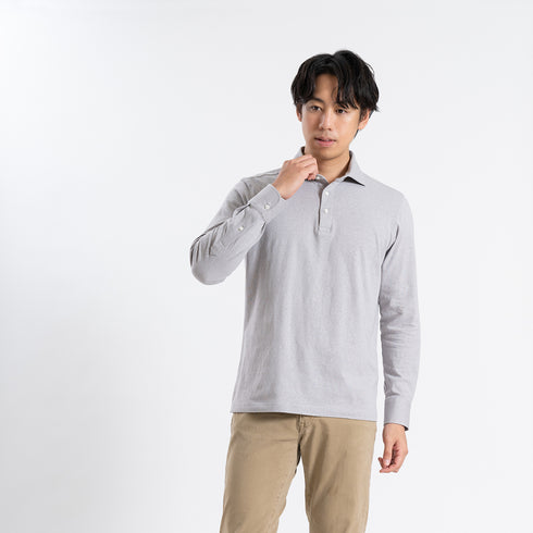 【日本製】 ポロシャツ メンズ 長袖 ビジネス カジュアル 綿100% スラブ天竺 無地 ワイドカラー グレー(SPKB24-060-gr)