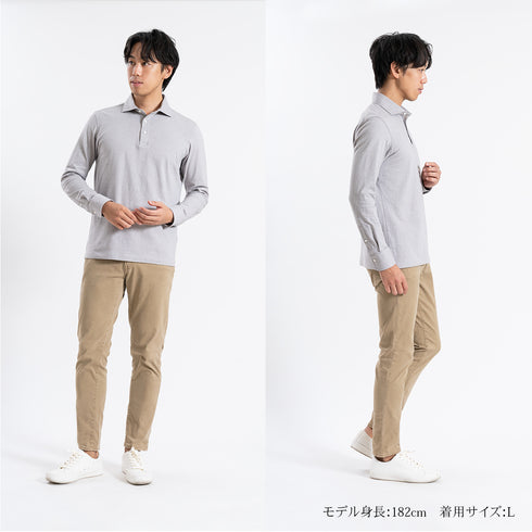 【日本製】 ポロシャツ メンズ 長袖 ビジネス カジュアル 綿100% スラブ天竺 無地 ワイドカラー グレー(SPKB24-060-gr)