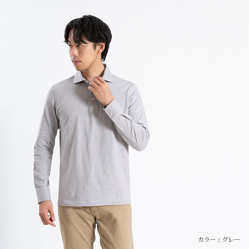 【日本製】 ポロシャツ メンズ 長袖 ビジネス カジュアル 綿100% スラブ天竺 無地 ワイドカラー グレー(SPKB24-060-gr)