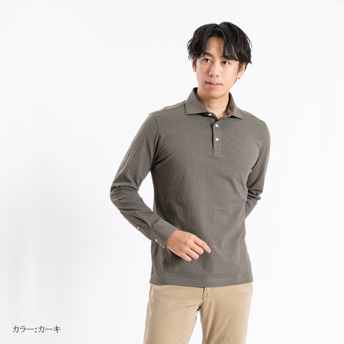 【日本製】 ポロシャツ メンズ 長袖 ビジネス カジュアル 綿100% スラブ天竺 無地 ワイドカラー グレー(SPKB24-060-gr)