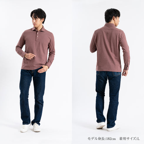 【日本製】 ポロシャツ メンズ 長袖 ビジネス カジュアル 綿100% スラブ天竺 無地 ワイドカラー グレー(SPKB24-060-gr)
