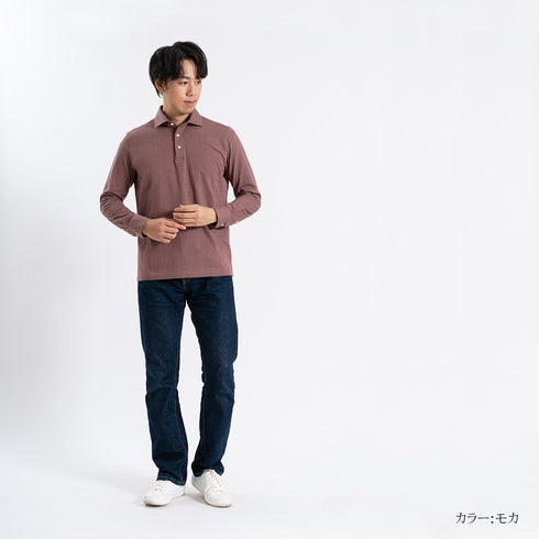 【日本製】 ポロシャツ メンズ 長袖 ビジネス カジュアル 綿100% スラブ天竺 無地 ワイドカラー グレー(SPKB24-060-gr)