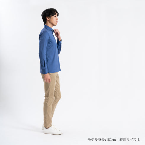 【日本製】 ポロシャツ メンズ 長袖 ビジネス カジュアル 綿100% GIZAコットン 無地 ワイドカラー ネイビー(SPKB24-070-na)