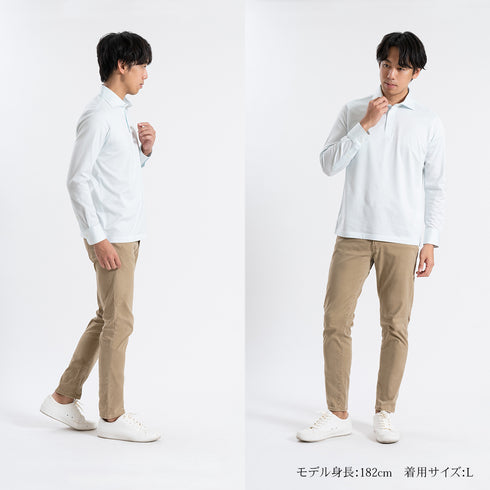 【日本製】 ポロシャツ メンズ 長袖 ビジネス カジュアル 綿100% GIZAコットン 無地 ワイドカラー ネイビー(SPKB24-070-na)