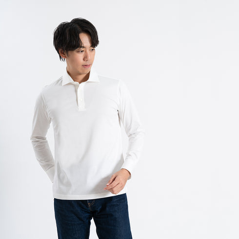 【日本製】 ポロシャツ メンズ 長袖 ビジネス カジュアル 綿100% GIZAコットン 無地 ワイドカラー ネイビー(SPKB24-070-na)