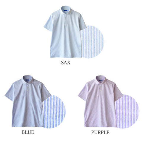 【日本製】 ポロシャツ メンズ 半袖 ビジネスカジュアル 形態安定 ストレッチ ワイドカラー ヘアラインストライプ パープル(SPKB24-072-pu)