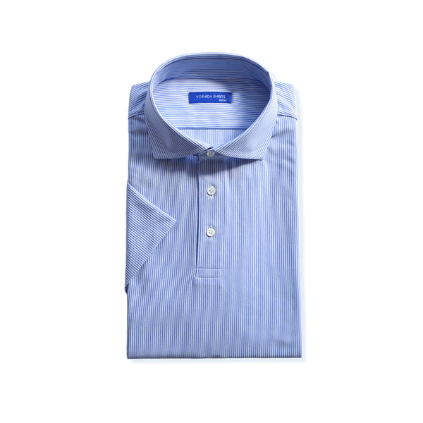 【日本製】 ポロシャツ メンズ 半袖 ビジネスカジュアル 形態安定 ストレッチ ワイドカラー ヘアラインストライプ ブルー(SPKB24-072-bl)