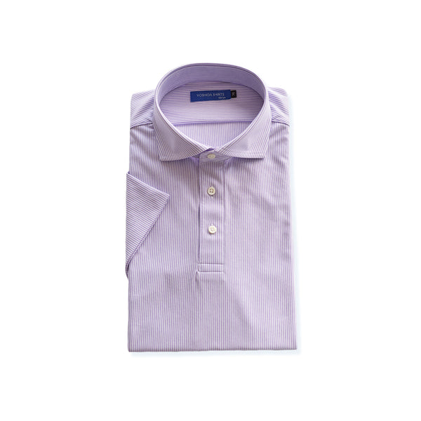 【日本製】 ポロシャツ メンズ 半袖 ビジネスカジュアル 形態安定 ストレッチ ワイドカラー ヘアラインストライプ パープル(SPKB24-072-pu)