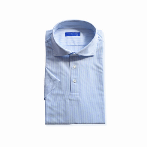 【日本製】 ポロシャツ メンズ 半袖 ビジネスカジュアル 形態安定 ストレッチ ワイドカラー ヘアラインストライプ サックス(SPKB24-072-sa)