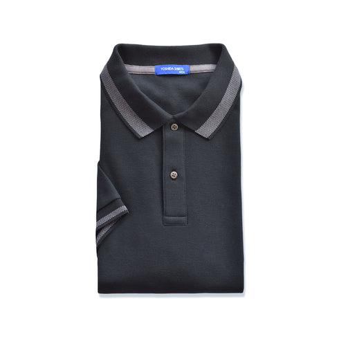 【日本製】 ポロシャツ メンズ 半袖 鹿の子 カノコ 綿100% リブ襟 バーズアイ 無地 ブラック(SPKB24-084-bk)