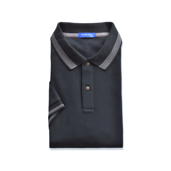 【日本製】 ポロシャツ メンズ 半袖 鹿の子 カノコ 綿100% リブ襟 バーズアイ 無地 ブラック(SPKB24-084-bk)