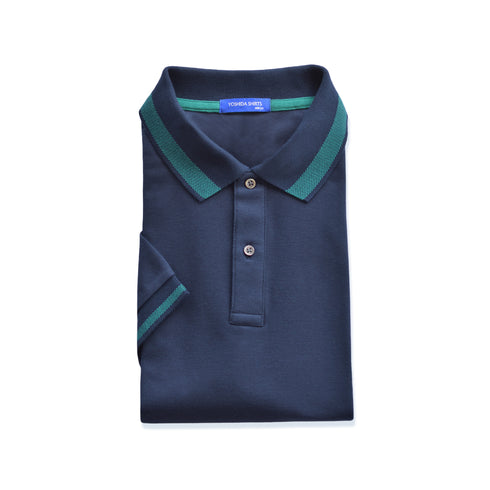 【日本製】 ポロシャツ メンズ 半袖 鹿の子 カノコ 綿100% リブ襟 バーズアイ 無地 ネイビー(SPKB24-084-na)