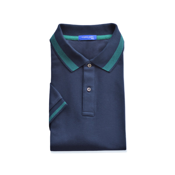 【日本製】 ポロシャツ メンズ 半袖 鹿の子 カノコ 綿100% リブ襟 バーズアイ 無地 ネイビー(SPKB24-084-na)