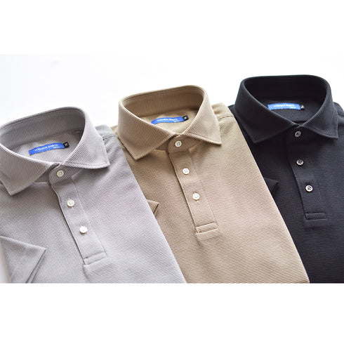 【日本製】 ワッフル ポロシャツ メンズ 半袖 吸水速乾 無地 ワイドカラー ブラック(SPKB25-090-bk)